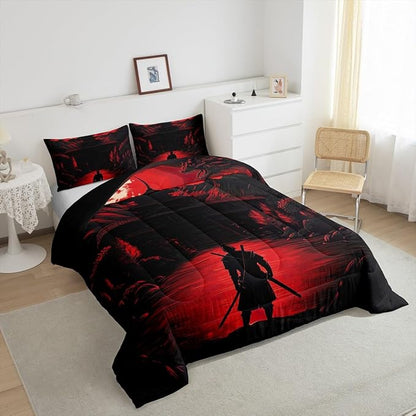 Feelyou Dragon Comforter Set Queen Size Japanese Style Comforter for Boys Girls Teens Samurai Bedding Set Sunset Duvet Set Room Decor Red Black Quilt Set