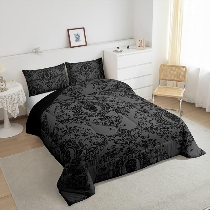 Feelyou Adults Black Vintage Damask Floral Comforter Set Oriental Antique Comforter King Size Gothic Bohemia Boho Bedding Set Exotic Sugar Skull Duvet Set Quilt Set 3Pcs