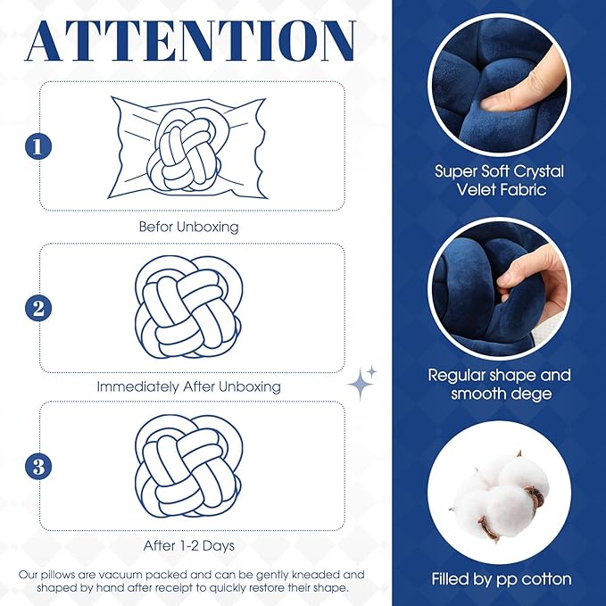 2 Pcs Knot Pillow Balls Set, 12 Inch Soft Decorative Throw Knot Pillow Ball, Large Square Knotted Floor Cushion for Living Room Bedroom Sofa Couch Bed Home Decoration (Navy Blue)