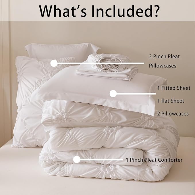White Twin Comforter Set - 7 Pieces Bed in a Bag, Premium Comforters Twin Size Bed Set Pintuck Pinch Pleat Complete Comforter Set with Flat Sheet, Fitted Sheet and Pillowcases,White