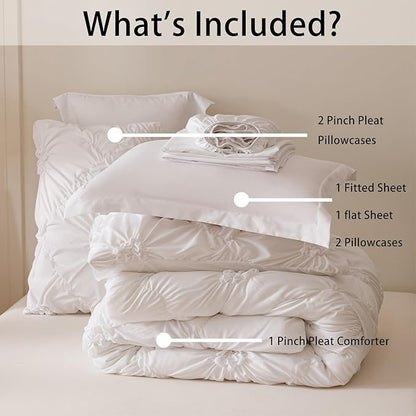 White Twin Comforter Set - 7 Pieces Bed in a Bag, Premium Comforters Twin Size Bed Set Pintuck Pinch Pleat Complete Comforter Set with Flat Sheet, Fitted Sheet and Pillowcases,White