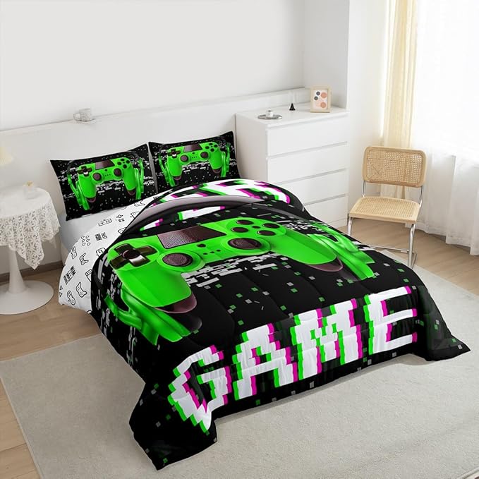 Erosebridal Boys Twin Bedding Sets,Gaming Comforter Sets for Boys Gamer Bedding Set,Toddler Bedding Gaming Bed Kids Comforter Set,Green