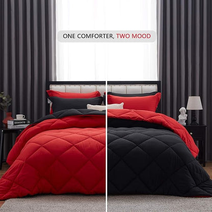 NexHome Queen Comforter Set Black&Red,3 Pieces Lightweight Comforters Queen Size Reversible Bedding Comforters Sets,Down Alternative Comforter Bed Set Quilt Blanket(88x88In Comforter & 2 Pillowsham)