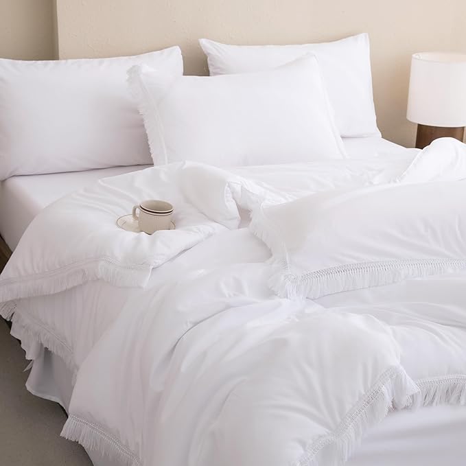 Andency Full Size Comforter Set White -7 Pieces Boho Tassel Bed in a Bag Soft Lightweight Bedding Sets, All Season Fringe Bed Set with Comforter, Sheets, Pillowcases & Shams