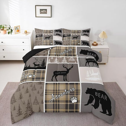 Hunting Bear Comforter Set For Boys, Rustic Cabin Lodge Bedding Full Size, Vintage Farmhouse Patchwork Duvet Insert Woodland Animal Adventure Camping Down Comforter 3Pcs With 2 Pillow Cases, Brown