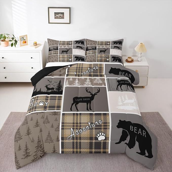 Hunting Bear Comforter Set For Boys, Rustic Cabin Lodge Bedding King Size, Vintage Farmhouse Patchwork Duvet Insert Woodland Animal Adventure Camping Down Comforter 3Pcs With 2 Pillow Cases, Brown