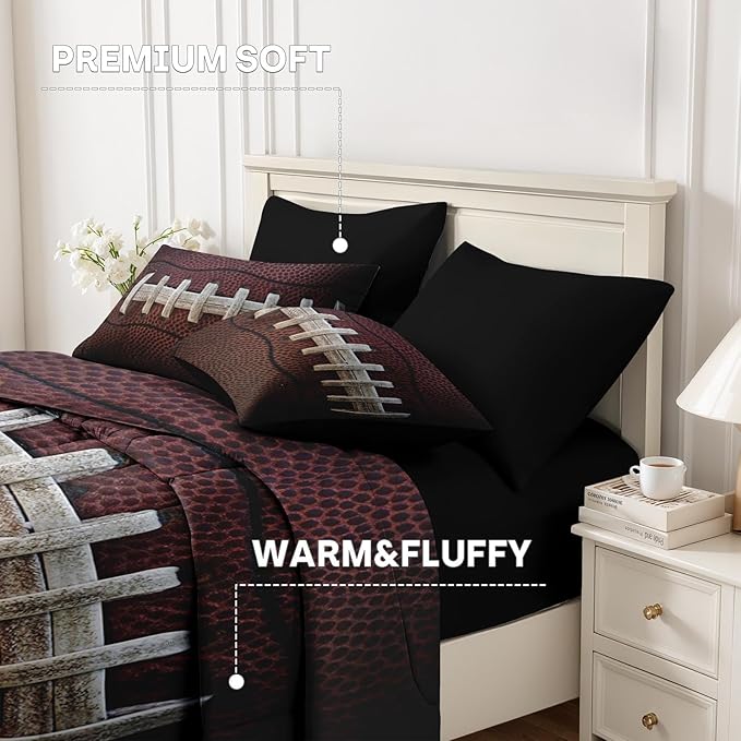 Nesker 7 Pcs Comforter Set Full Size, Sports Ball Bedding Set for Kids and Adults, Boy Rugby Brown Bed Sheet Sets with Fitted Sheet 2 Pillowcases & 2 Shams
