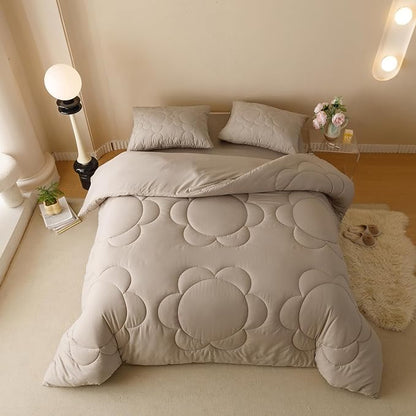 CLOTHKNOW Khaki Comforter Sets Twin/Twin XL 3Pcs Daisy Puff Bedding Comforter Sets Floral Comforter Boho Bedding Sets Twin