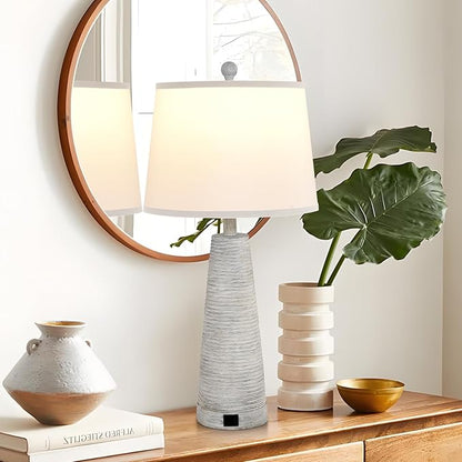 Terpsichore Nightstand Lamp Bedside Lamps Set of 2 Vintage Rustic Farmhouse Table Lamp 3 Way Dimmable Horizontal Stripe Light,for Living Room Bedroom,USB A+C (White, High 27 Inch)