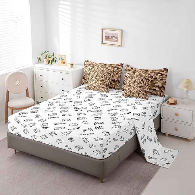 Brown Grid 7Pcs Comforter Set Twin Size for Kids Boys,Sandbox Pixelated Themed Fitted Flat Sheet Teens Men Gamer Room Decor,Miner Style Checked Bedding Sets Desert Style 2 Throw Pillow,2 Pillowcases