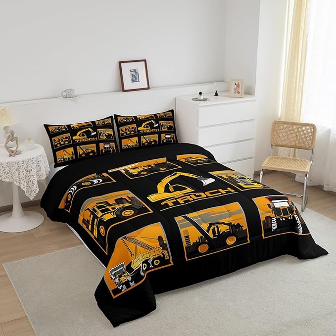 Erosebridal Excavator Comforter Set Queen Tractor Truck Bedding Set Construction Vehicle Down Comforter for Boys Kids Girls Teens Cartoon Heavy Machinery Car Bedding Sets & Collections, Gray Yellow