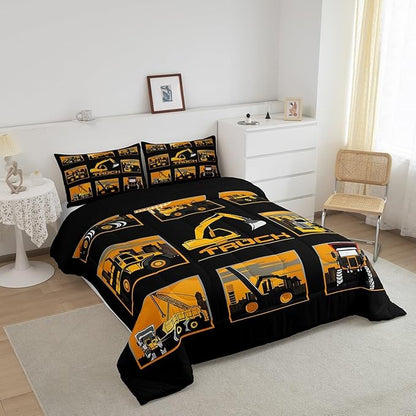 Erosebridal Excavator Comforter Set Queen Tractor Truck Bedding Set Construction Vehicle Down Comforter for Boys Kids Girls Teens Cartoon Heavy Machinery Car Bedding Sets & Collections, Gray Yellow