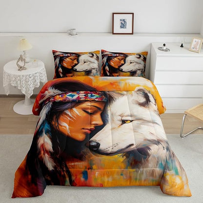 Erosebridal Hunting Wolf King Bedding Set,Indian Woman and Wolf Comforter Set for Men Women Bedroom Decor,Exotic Ethnic Aztec Quilt Set Wildlife Bedding Comforter Sets,2 Pillowcases