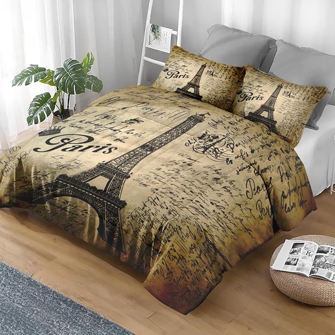Comforter Set Full Size, Paris Eiffel Tower Vintage 3 Pcs Soft Bedding Set for Kids and Adults, Vintage Love Retro Comforter Set with 2 Pillowcases, for Bedroom Bed Decor