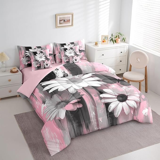 Feelyou Girls Daisy Flower Comforter Set with Sheets King Size 7 Pieces Kids Butterfly Floral Bedding Set for Boys Women Teens Pink Black Simple Modern Abstract Art Bed in a Bag Room Decor