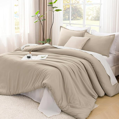 Litanika Comforters Khaki Oversized Queen Size, 3 Pieces Lightweight Solid Bedding Comforter Set, All Season Fluffy Bed Set (98x98In Comforter & 2 Pillowcases)