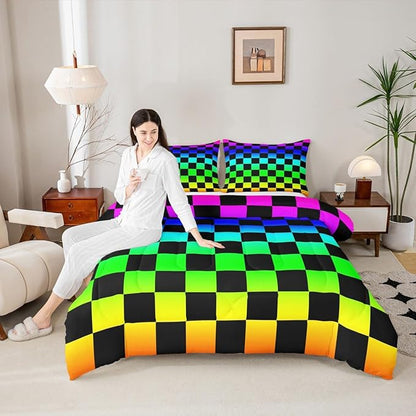 Feelyou Multicolored Checkered Retro Kids Comforter Set Queen Size Geometric Vintage Bedding Set Colorful Duvet Quilt for Kids Boys Girls Bedroom Modern Groovy Aesthetic Decor