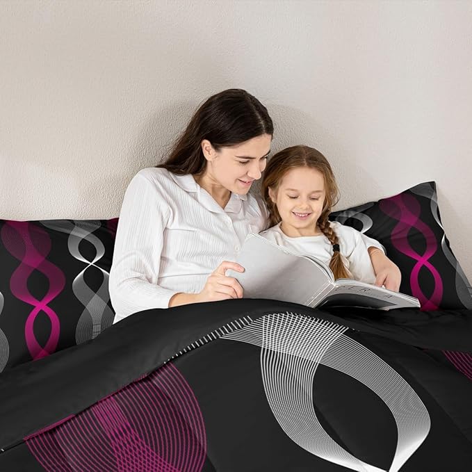 Erosebridal Girls Fuchsia and Black Abstract Full Bedding Set, Fuchsia Striped Comforter Set for Women Teens, Contemporary Boho Modern Art Comforter, Geometric Stripes Aesthetic Wavy Line Quilt