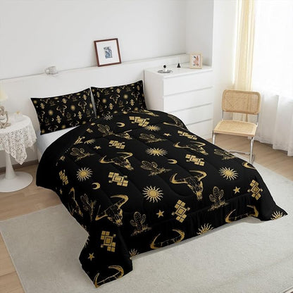 Erosebridal Boho Western Bedding Sets Toddler Black Gold Bohemian Aztec Bull Skull Comforter Set for Boys Teen Men,Southwest Cowboy Quilt Set,Exotic Ethnic Tribal Bed Set Cactus Moon Sun Decor