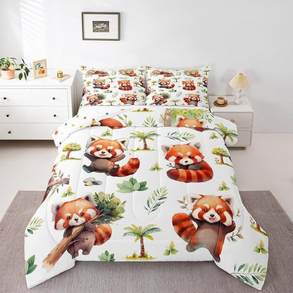 Manfei Cute Raccoon Kids Comforter Sets Twin Size,Cartoon Animal Bear Bedding Comforter Sets,Botanical Plants Quilt Sets for Boys Adult Bedroom Decor,Lovely Raccoon Duvet Insert with 1 Pillowcase