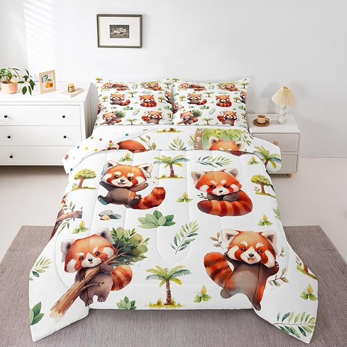 Manfei Cute Raccoon Kids Comforter Sets Queen Size,Cartoon Animal Bear Bedding Comforter Sets,Botanical Plants Quilt Sets for Boys Adult Bedroom Decor,Lovely Raccoon Duvet Insert with 2 Pillowcases