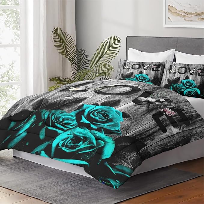 Twin Size Comforter Set with Pillowcase, Cyan Rose Flower Love 2 Pcs Bedding for Kids and Adults, Summer Vintage Woodboard Soft Comforter Set for Bedroom Bed Decor