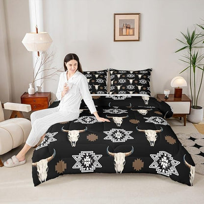 Feelyou Black Bull Skull Comforter Set King Size Kids Western Aztec Duvet Quilt for Boys Girls Teens Southwestern Bohemian Boho Wild Cowboy Tribal Rustic Bedding Set Soft Room Decor 3Pcs