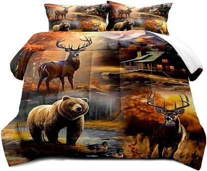 LUVIVIHOME 3PCS Bear Deer Comforter Set King Size, Elk Moose Mallard Duck Autumn Woodland Forest Animal Wildlife Hunting Camo Hunter Country Lodge Rustic Farmhouse Cabin Bedding Sets, 2 Pillow Shams