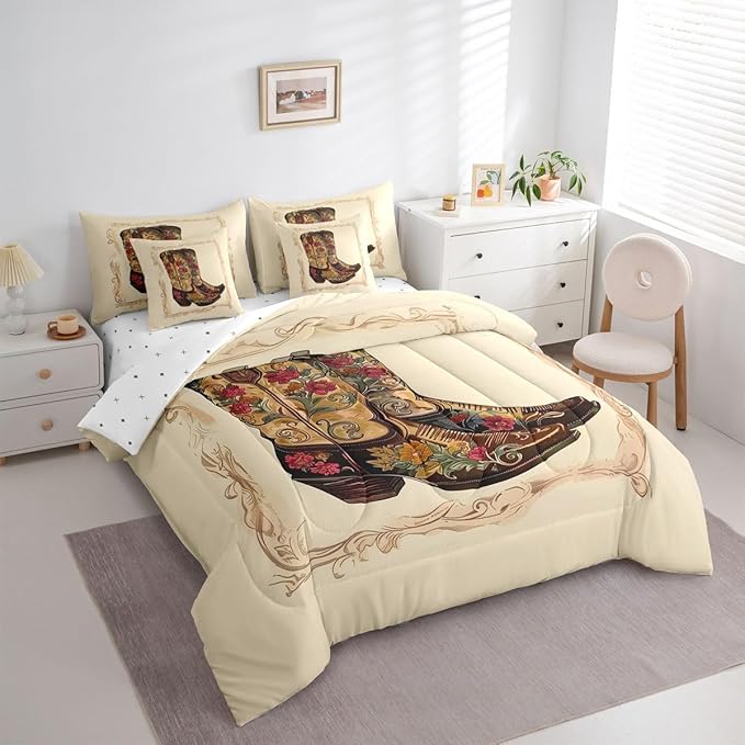 Erosebridal Western Cowboy 7 Piece Comforter Set Queen | Retro Cowboy Boots Bed in A Bag Country Bohemian Floral Sheet Set Reversible Abstract Hippy Fitted Sheet Breathable Lightweight