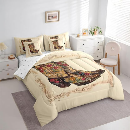 Erosebridal Western Cowboy 7 Piece Comforter Set Queen | Retro Cowboy Boots Bed in A Bag Country Bohemian Floral Sheet Set Reversible Abstract Hippy Fitted Sheet Breathable Lightweight