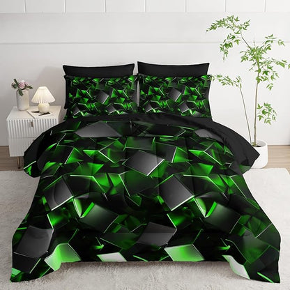 Black and Green Geometric Comforter Set Full Size 7PCS,Abstract Triangular Printed Bedding Set for Adults,Geometric Mordern Art Decor All Seasons with Pillowcases,Flat, Fitted Sheet