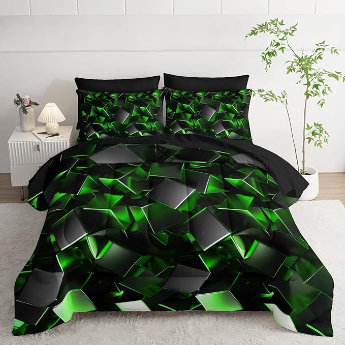 Black and Green Geometric Comforter Set King Size 7PCS,Abstract Triangular Printed Bedding Set for Adults,Geometric Mordern Art Decor All Seasons with Pillowcases,Flat, Fitted Sheet