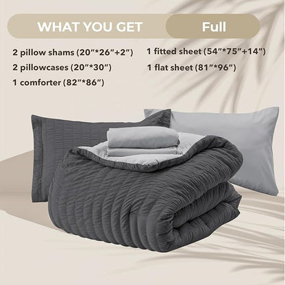 HYMOKEGE Dark Grey/Light Grey Full Size Comforter Sets Seersucker 7 Pieces, All Season Luxury Bed in a Bag for Bedroom, Bedding Set with Comforter, Sheets, Pillowcases & Shams