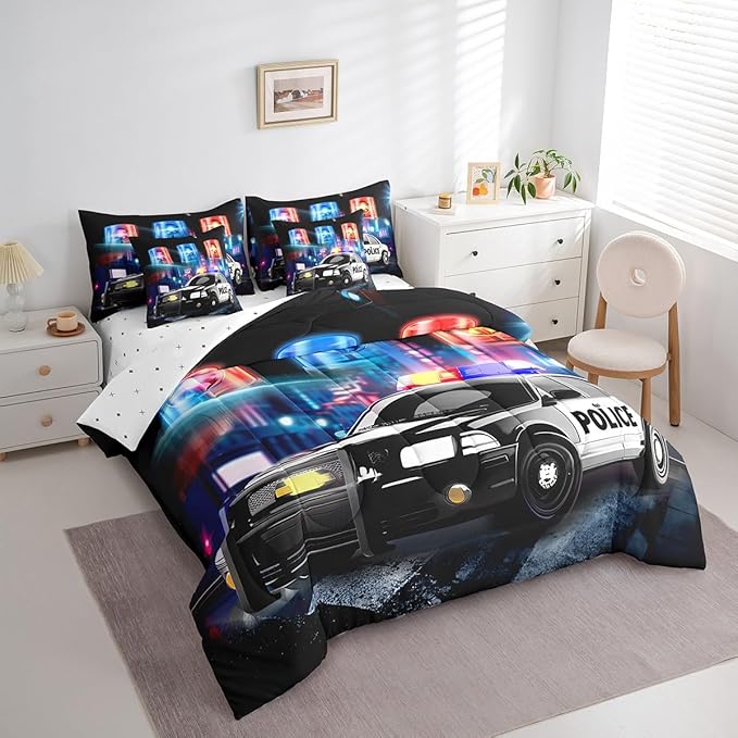 Kids Police Car Toddler Bed in a Bag Policeman Boys Comforter Set with Sheets for Adults Girls Black The Polica Vehicle 7 Piece Bedding Set Automobile Car Decor Bed Set with 2 Pillowcases King