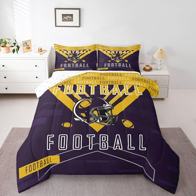 Feelyou Football Bedding Set Boys Girls Twin Size Comforter Set Sports Themed Women Men Rugby Sport Duvet Quilt Football City Purple Yellow Room Decor