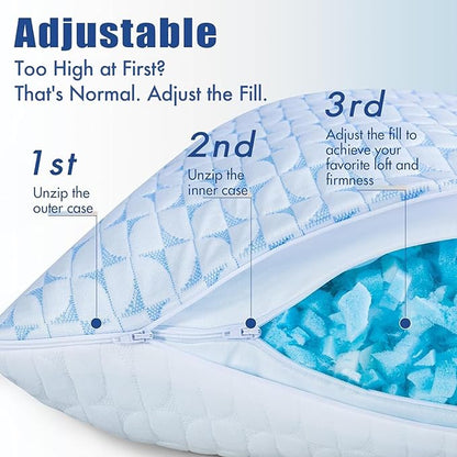 QUTOOL Firm Pillow Shredded Memory Foam, Cooling Pillow for Hot Sleeper, Adjustable Bed Pillow for Side Back Stomach Sleepers, Washable Cover, CertiPUR-US Certified, King Size