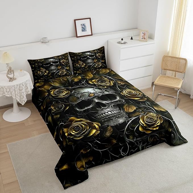 Erosebridal Adults Gothic Comforter Set Bohemian Boho Goth Toddler Bedding Set Vintage Horror Skull Bed Sets Yellow Baroque Victorian Romantic Rose Duvet Insert,Halloween Gothic Bedroom Decor