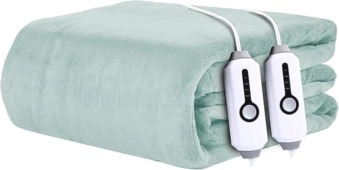 Electric Heated Blanket 90"x100" King Size - 4 Heat Settings & Dual Controllers, 10H Auto Shut Off, Ultra-Soft Coral Fleece Heated Blanket with Overheat Protection, Mint Green