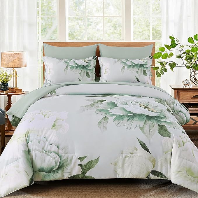 Dobuyly Floral Comforter Set Queen 7 Piece Bed in a Bag, Sage Green Reversible Comforter Set with Sheets, Soft Microfiber Botanical Flowers Summer Bedding Set for All Season