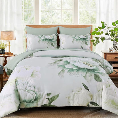 Dobuyly Floral Comforter Set Queen 7 Piece Bed in a Bag, Sage Green Reversible Comforter Set with Sheets, Soft Microfiber Botanical Flowers Summer Bedding Set for All Season