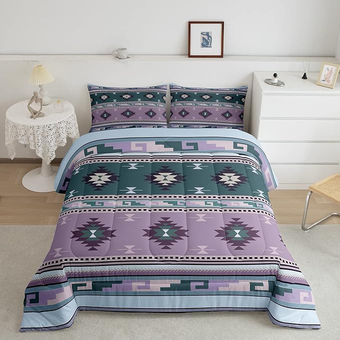 Western Decor,Vintage Exotic Indian Geometric Bedding Set Boho Western Comforter Set King,Ethnic Tribal Arrow Quilt Aztec Duvet Insert,Rustic Home Decor Rustic Farmhouse Decor Lavender Purple