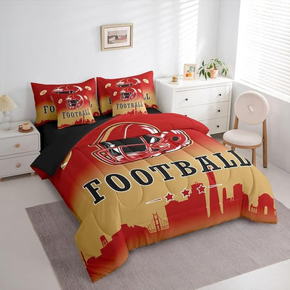 Erosebridal Red Yellow Football Twin Bed in A Bag for Sports Lovers,American Soccer City 7 Pcs Bedding Set for Kids Boys Teen,Sports Rugby Comforter Set with Sheets Ball Games Bed Set