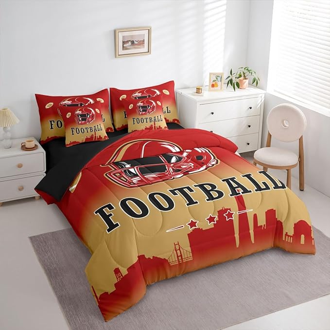 Erosebridal Red Yellow Football Queen Bed in A Bag for Sports Lover,American Soccer City 7 Pcs Bedding Set for Kids Boys Teen,Sports Rugby Comforter Set with Sheets Ball Games Bed Set