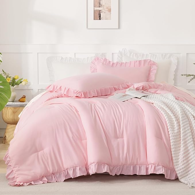 Andency Pink Ruffle Comforter Set Twin, 2 Pieces Kids Comforter (66x90Inch), Lightweight Soft Girls Shabby Chic Bedding, All Season Bed Set