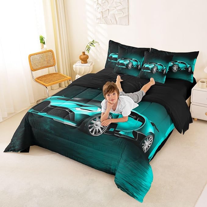 Feelyou Sports Car 7 Piece Bedding Set Teal Blue Race Car Comforter Set with Sheets for Kids Boys Girls Extreme Sports Theme Bed in a Bag Cool Speed Car Decor Bed Set with 2 Pillowcases Queen Size