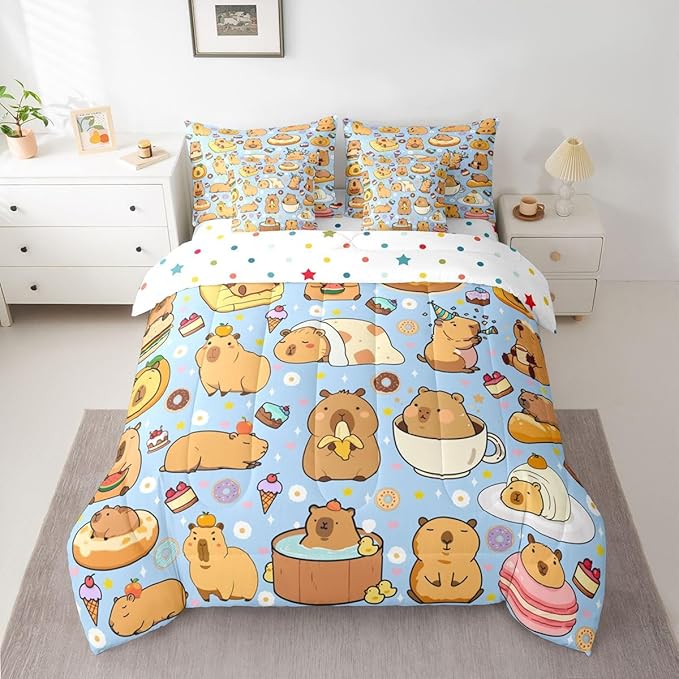 Cartoon Capybara 7 Pieces Bedding Set Full Size,Kawaii Animals Bed in a Bag,Capybara Lovers Bed Set Includes Comforter,Sheet Set,Pillowcases & Pillow Covers,Yummy Foods Love Hearts Bedroom Decor