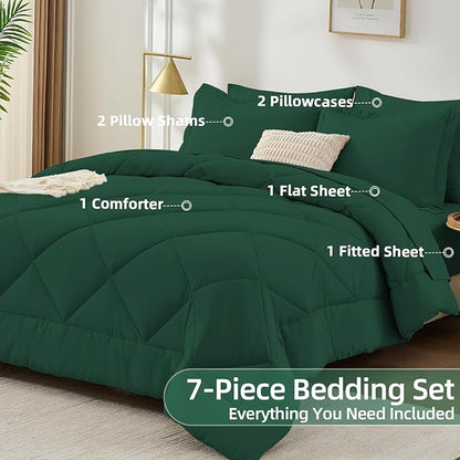 FUANNA 7 Pieces King Size Comforter Set, All Season Bed in a Bag King Size, Luxury Soft Bedding Sets with Comforter, Flat Sheet, Fitted Sheet, Pillowcases & Pillow Shams, Emerald Green