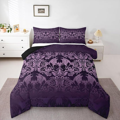 Feelyou Gothic Damask Print Comforter Set Twin Size Purple Goth Bat Victorian Floral Bedding Set for KidsBoho Bohemian Exotic Duvet Quilt Bedroom Decor Microfiber 2 Pcs with 1 Pillow Cases