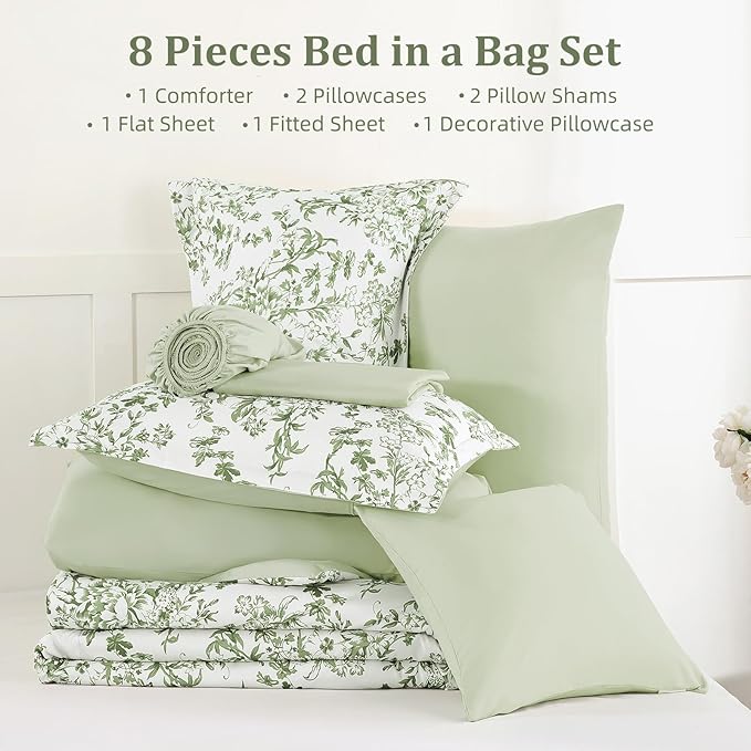 WONGS BEDDING 8 Pieces King Size Comforter Set Green,Sage Green Floral Bed in a Bag Comforter Sets, Soft Reversible Botanical Flowers Bedding Sets for All Season (90"x104")