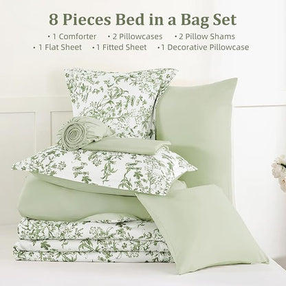 WONGS BEDDING 8 Pieces King Size Comforter Set Green,Sage Green Floral Bed in a Bag Comforter Sets, Soft Reversible Botanical Flowers Bedding Sets for All Season (90"x104")